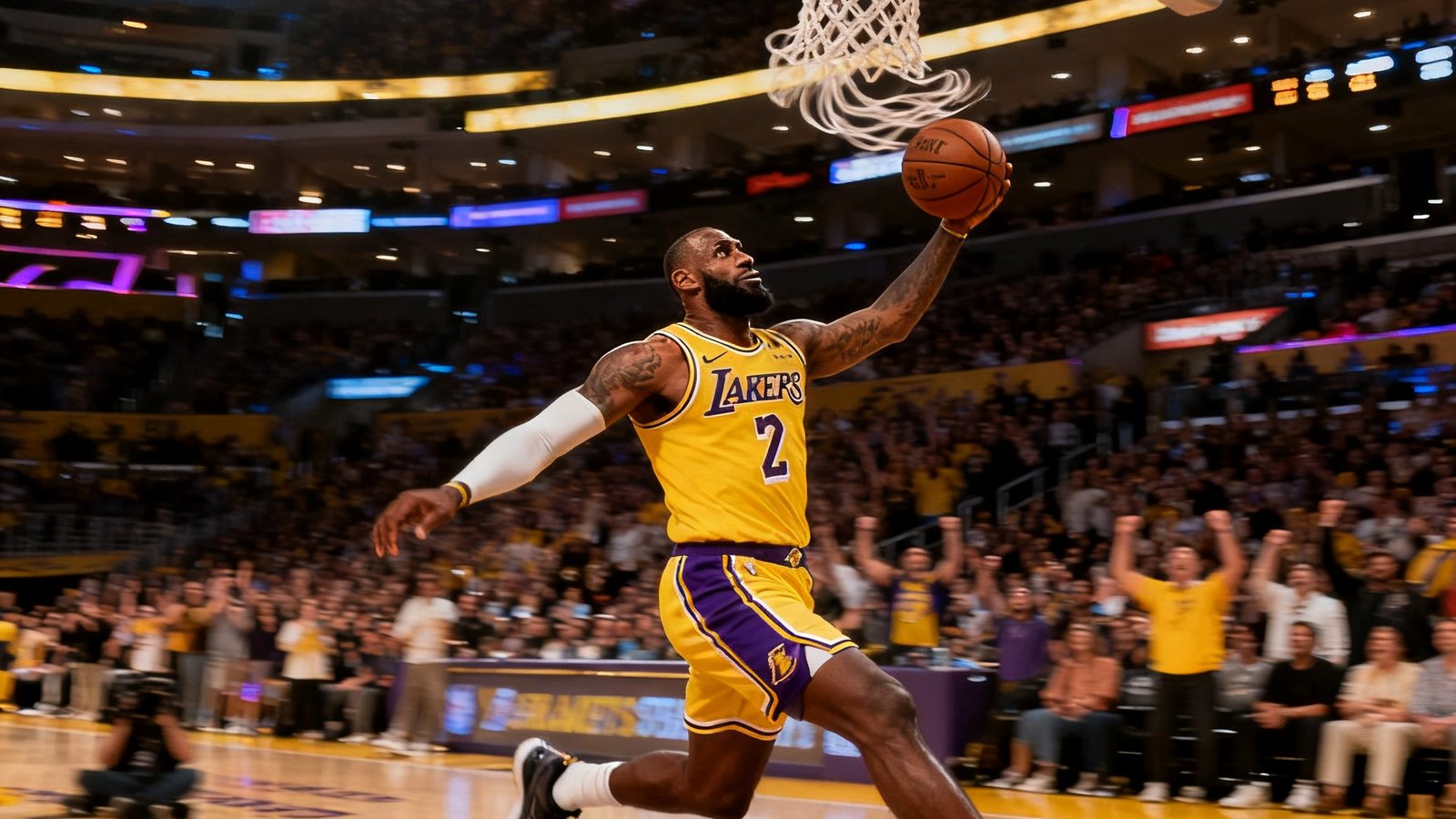 NBA常规赛洛杉矶湖人主场比赛中詹姆斯快速反击单手劈扣的震撼画面