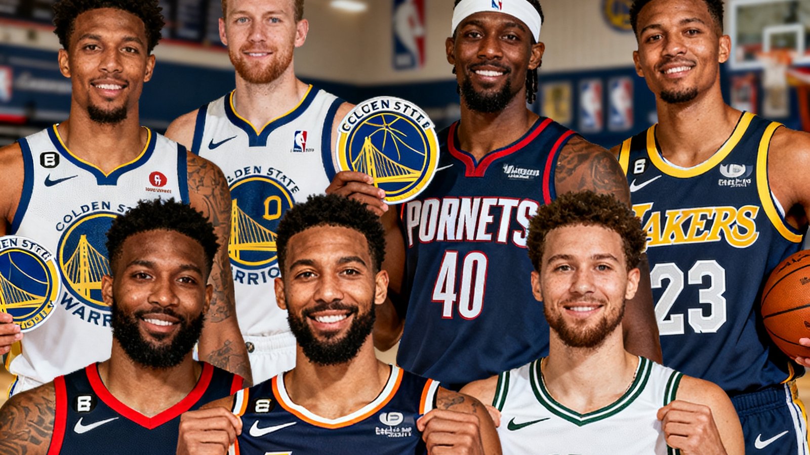 NBA交易截止日多支球队完成重磅交易的新闻配图，展示球员身穿新球队球衣的合成照片